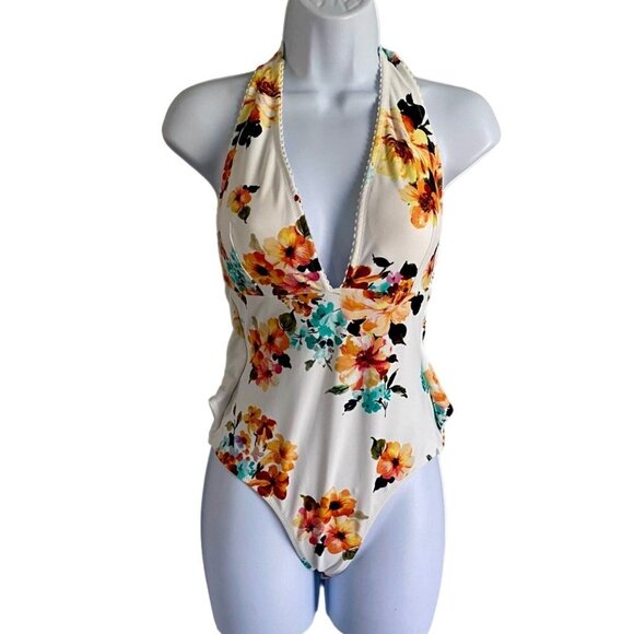Cupshe Other - Cupshe Floral Print One Piece Halter Tie Waist Swimsuit Women's Small NEW NWT